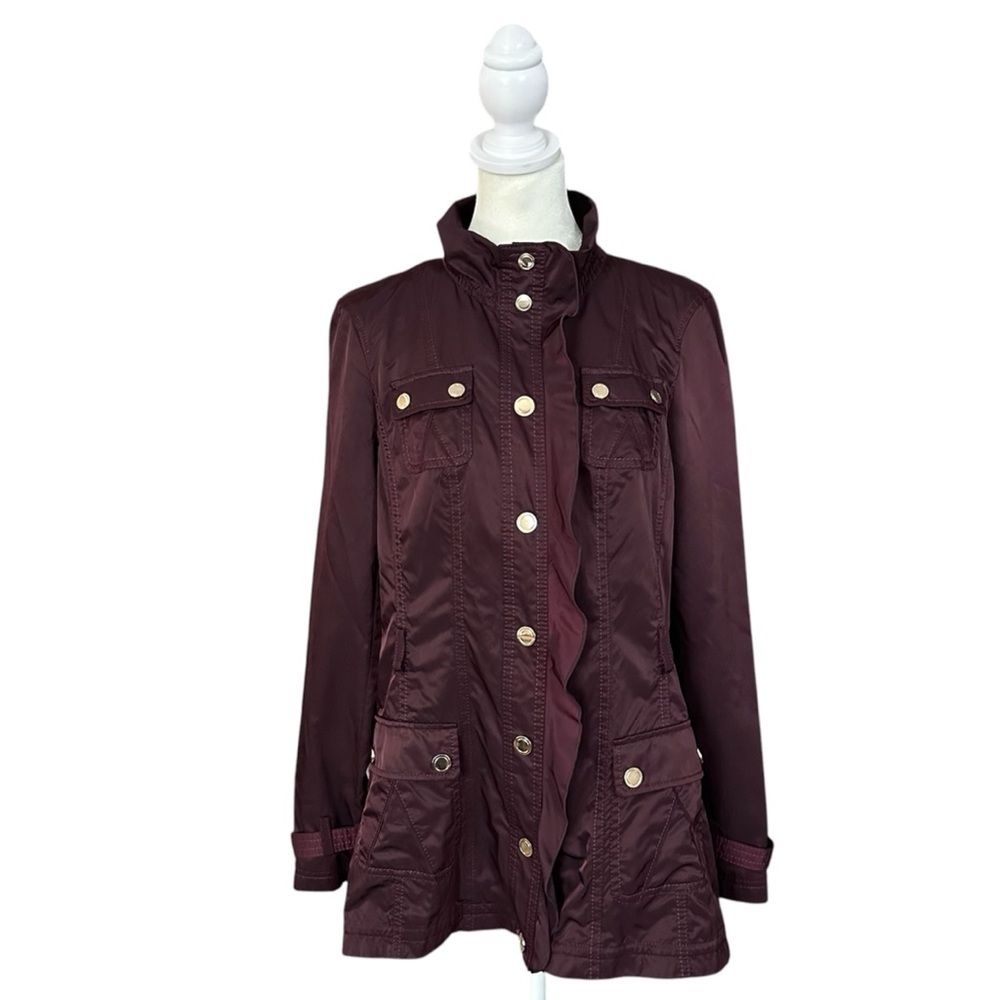 White House Black Market Purple Gold Snap Ruffle Nylon Trench Coat Size 6